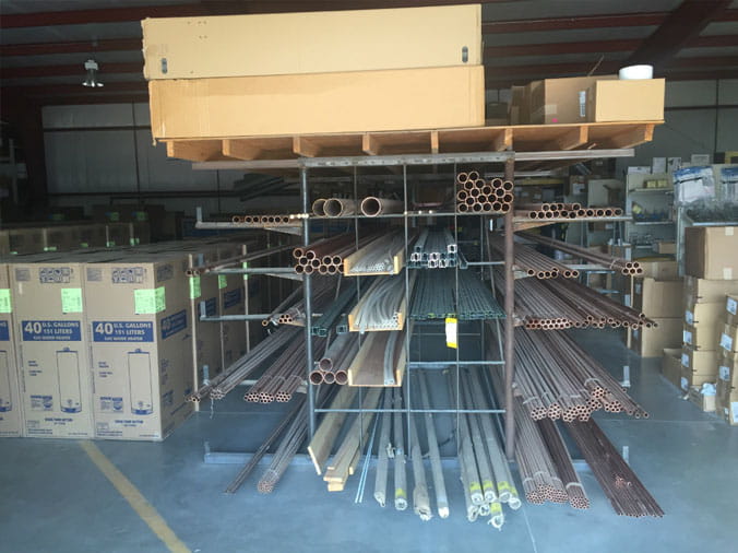 Steel and copper pipes in the Dahl Greeley plumbing supply warehouse