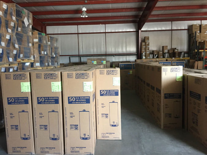 Water heaters in stock in the Dahl Greeley plumbing supply warehouse